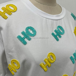 OEM Custom <strong>Xmas</strong> Sequin and Beads Embroidery HOHO Casual Cotton <strong>Tops</strong> Short Sleeve Crew Neck Oversize Text White T-Shirt <strong>for</strong> <strong>Women</strong> - Product Image 5