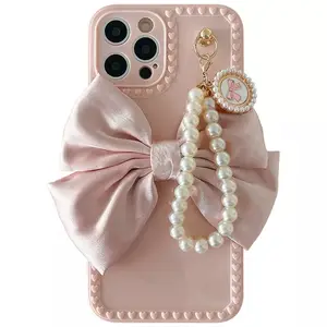 Модный милый чехол для телефона с розовым бантом жемчугом браслетом цепочкой для iPhone 12 13 Pro Max Xs Max 11 XR 8 Plus Блестящий Мягкий чехол из ТПУ