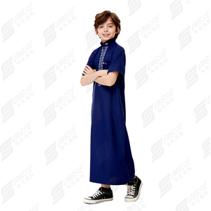 Estilo marroquí islámico niños Thobes manga corta Color sólido bordado hecho a mano poliéster personalizar Logo - Product Image 4