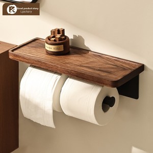 <span class=keywords><strong>Porte</strong></span>-papier toilette mural moderne en bois de noyer et acier inoxydable, sans perçage, avec étagère pour téléphone, double rangement pour rouleaux, pour salle de bain - Product Image 1