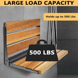 Tabouret de douche pliable mural en teck 33x43.2x25.4 cm, siège de sécurité pour salle de bain en acier inoxydable et bois massif - Product Image 4