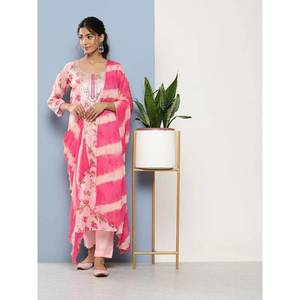 Ensemble Kurta Pant Dupatta imprimé floral rose Kota Doria indien pakistanais pour femmes de bureau, ensemble de costume Kurta prêt à porter en pur coton - Product Image 1