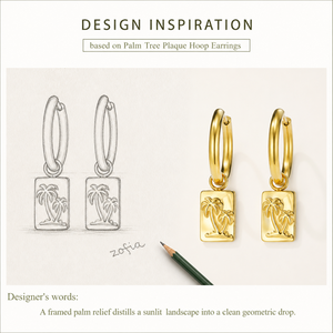 Boucles d'oreilles créoles rectangulaires en acier inoxydable plaqué or 14K sous vide, motif palmier, breloques tropicales - Product Image 4