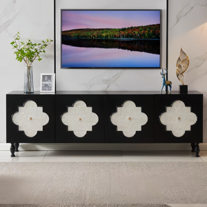 Meuble TV de salon grande capacité, meuble TV en bois massif, design coquille style Mid-Century, centre de divertissement - Product Image 1