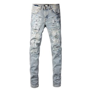 Jean taille haute vintage délavé coupe droite slim, bleu foncé clair, déchiré, style streetwear, écologique et respirant - Product Image 3