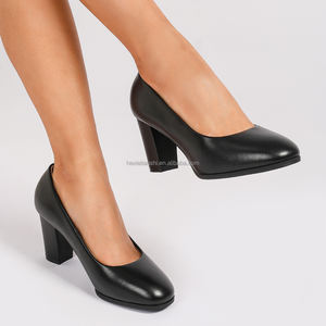 Zapatos de tacón alto marrón de cuero genuino para mujer, cómodos zapatos de tacón grueso con punta cerrada para oficina, zapatos de moda para verano y otoño - Product Image 5