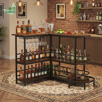 Table de bar en L moderne avec 4 étagères et 4 porte-verres, meuble de bar pour salon, usage commercial ou style ferme