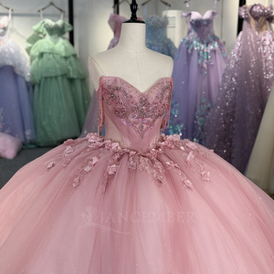 Dy5957 Sweetheart Neck Pink Sequined Floral <b>Appliques</b> Party Quinceanera Pageant Floor-Length Ball Gown Natural Waistline Pearl - Product Image 2