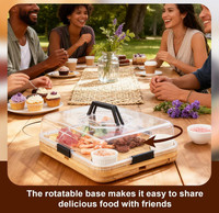 Plateau de service rotatif en bambou de 14 pouces, ensemble cadeau, plateau à fromage en bois avec couvercle et tiroirs cachés – Vente chaude