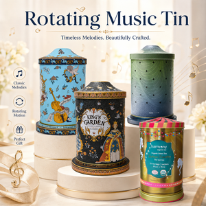 Rotating Music Tinplate Cylinder Can with Crown Cap Offset Printed Classic Melodies Design Matte Surface Food Grade Candy - Product Image 1