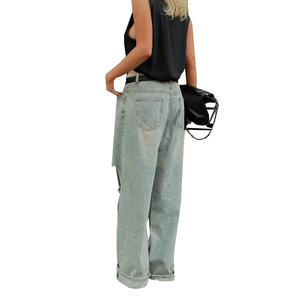 Wholesale Custom Logo Vintage Light Acid Wash Distressed Ripped Wide Leg Floor Sweep Straight Jeans Women Workwear <b>Denim</b> Pants - Product Image 2
