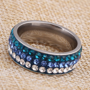 <b>Crystal</b> <b>Ring</b> 8MM Three Row Gradient Blue Stainless Steel Women's Everyday Wear Jewelry Channel Setting - Product Image 2