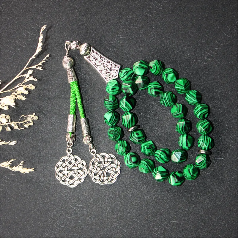 Malachite Diamond Cut 10mm Stone Beads With Silver Accessories Misbaha Prayer Beads Islamic Tasbih Necklace Islamic Rosaries