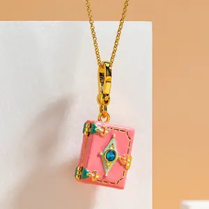 New Arrival Trending Necklace Brass Enamel Custom Book Locket Necklace Vintage Pink Album Pendant Necklace For Women