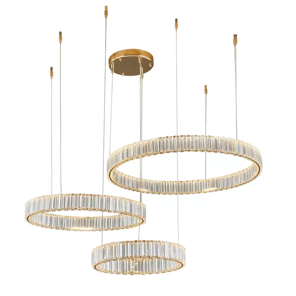 Neue goldene moderne LED Crystal Circle Metall Villa Pendel leuchte Luxus K9 Kristall Kronleuchter