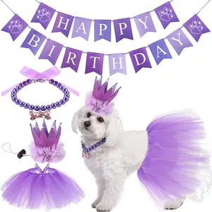 New Arrival Pet Birthday Party Pearl Beaded Chain Collar Crown 4Pcs/Set Princess Skirt Dress Up Happy Birthday Decoration Set