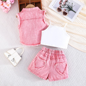 Set estivo da ragazza nuovo stile gilet in Denim senza maniche da ragazza + canotta + Shorts in denim Set tre pezzi - Product Image 3