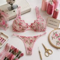 Conjunto de lencería gótica floral bordada de talle bajo con encaje, sujetador push-up de ganchillo con aros y tirantes ajustables para adultos