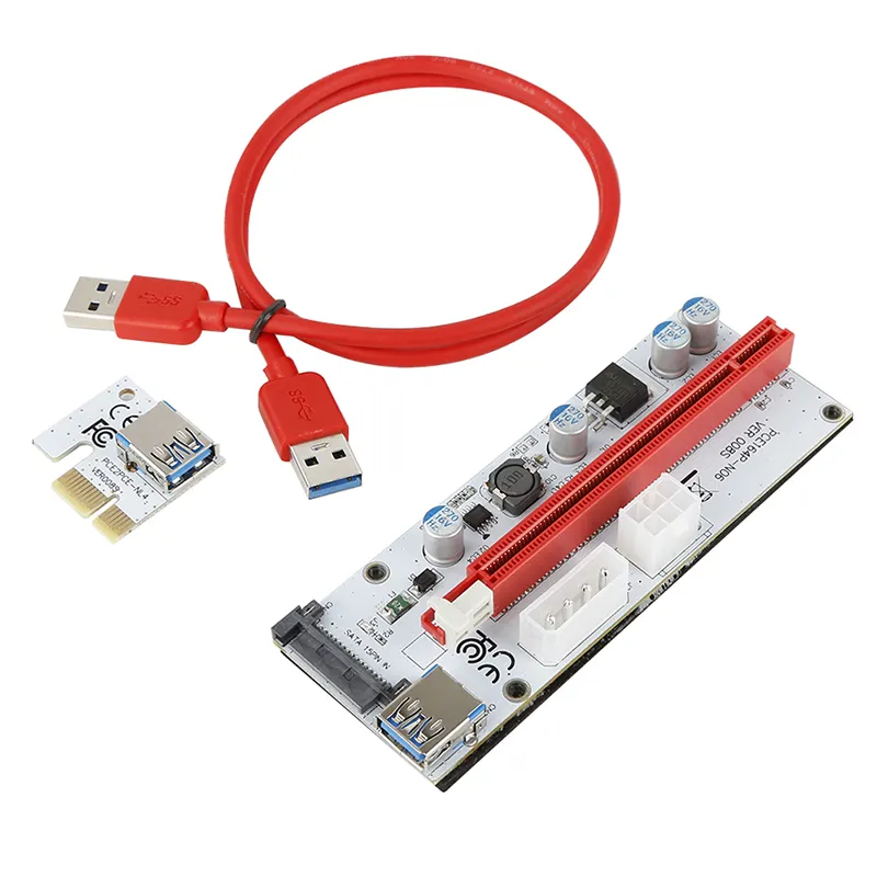 VER008S PCI-E Riser Card V008S PCI Express 1X to 16X Extension 4Pin 6Pin 15Pin SATA Power LED for Video Card Riser Adapter