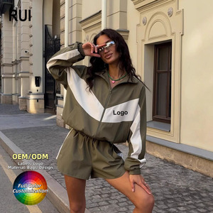 Ensemble short femme RUIQUWIN avec logo personnalisé, OEM, grandes tailles, respirant, léger, color block, coupe ample, survêtement 2 pièces zippé - Product Image 1