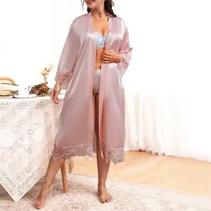 2024, оптовая продажа, Атласный халат больших размеров, пижама высокого качества, розовое кружево, длинный халат, мягкая женская домашняя одежда для взрослых, сексуальная зимняя одежда