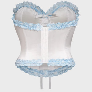 Top <span class=keywords><strong>bustier</strong></span> en satin blanc Deep Love avec bordure en <span class=keywords><strong>dentelle</strong></span> bleue Bretelles transparentes détachables et lingerie à nœud long - Product Image 2