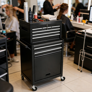 Chariot de coiffeur professionnel noir en métal avec rotation à 360°, chariot à outils de salon avec roulettes, chariot de coiffeur - Product Image 1