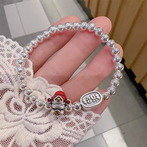 Pulsera de Plata de Ley S925 con Diseño de Pequeño Dios de la Fortuna y Acabado Esmaltado, Abalorios de la Suerte para Mujer, Diseño de Dibujos Animados, Uso Diario - Product Image 2