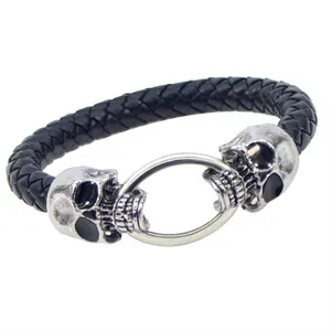 Pulsera de cuero tejido con calavera Punk para hombre, personalidad exagerada