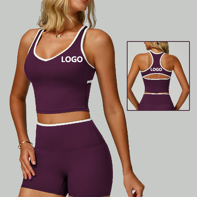 YMR-EBX9238 Summer Gym Tops for Women V-neck Hollow Back Contrast Color Sports Sleeveless Vest with Chest Pad Yoga Tops