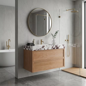 Mueble de Baño Flotante de Roble sin Tiradores, con Dos Cajones Profundos de Almacenamiento, Encimera de Cuarzo con Vetas Púrpuras Impresionantes para Baño - Product Image 4