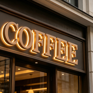 ป้ายกาแฟ LED ส่องสว่าง ตัวอักษรอะคริลิคสีทอง สำหรับติดตั้งภายในอาคาร แสงสีขาวอบอุ่น 2700K เหมาะสำหรับร้านค้าปลีก - Product Image 1