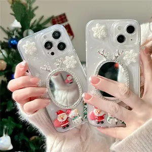 Cute Mirror Christmas New Year 3D Cartoon Case For iPhone 13 12 11 Pro Max XS X XR 7 8 Plus Transparent Holiday Gift Cover