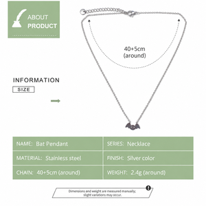 Collier pendentif chauve-souris couleur argent en acier inoxydable, chaîne fine réglable 40+5 cm, léger 2,4 g - Product Image 4