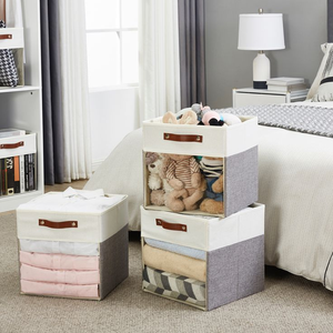 Paniers de rangement pliables en lin Organisateurs de stockage de vêtements en tissu Boîte de rangement transparente - Product Image 4