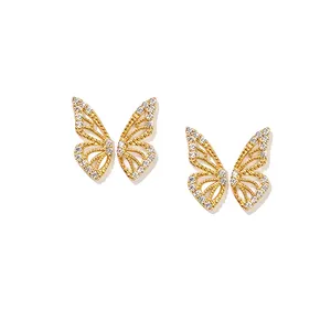 Gemnel großhandel 925 sterling silber schmuck gold überzogen pflastern diamant hohl schmetterling stud ohrringe für frauen