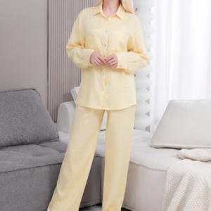 Custom Linen Shirt Pants Set Pyjama Femme Loose Fit Two Piece Summer Resort Outfit Clothes Women Sleepwear <strong>Pajamas</strong> for Women Set - Product Image 1