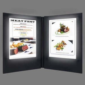Vente en gros de couvertures de menu éclairées en similicuir noir format A4, double page, avec éclairage LED rechargeable - Product Image 1