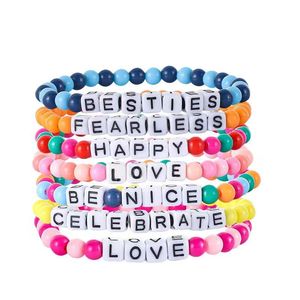 Bracelet <span class=keywords><strong>d</strong></span>'<span class=keywords><strong>amitié</strong></span> perlé extensible en perles de verre arc-en-ciel, avec inscription 'Be Nice Happy' inspirée - Product Image 1