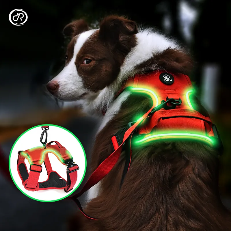 OKKPETS สายรัดสุนัขแสงไม่มีการดึงระบายอากาศหนักขนาดใหญ่ Light Up สัตว์เลี้ยงที่กําหนดเองสะท้อนแสงสายรัดสุนัข LED