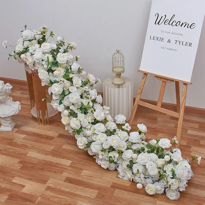 QSLH ผ้าปูโต๊ะ Ti530สีขาวสำหรับงานแต่งงานประดับด้วยดอกไม้ตกแต่งซุ้มโต๊ะวิ่งแถวดอกไม้ประดิษฐ์สำหรับฉากหลังแต่งงาน