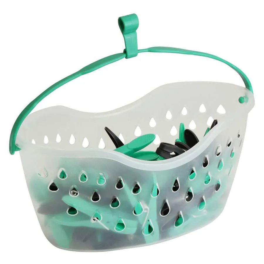 50 Large Plastic Clothes Pegs In Basket With Hanging Hook Washing Line Airer Peg 