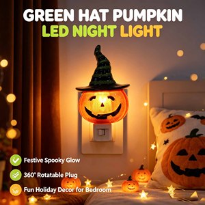 หมวกแม่มดลายทางฮาโลวีนพร้อมไฟ LED รูปฟักทอง เสียบปลั๊กได้ ใช้เป็นไฟกลางคืน หมุนได้ 360 องศา แสงนุ่มนวล อบอุ่น ตกแต่งบ้าน ของขวัญ ขายส่ง - Product Image 2