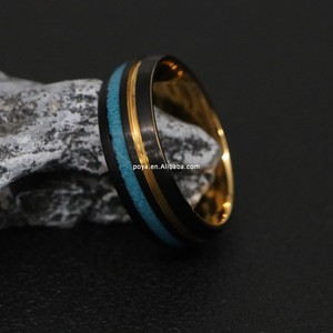 POYA 8mm <span class=keywords><strong>anelli</strong></span> di tungsteno nero spazzolato con intarsio turchese schiacciato interno dorato <span class=keywords><strong>per</strong></span> matrimonio o anniversario di fidanzamento maschile - Product Image 4