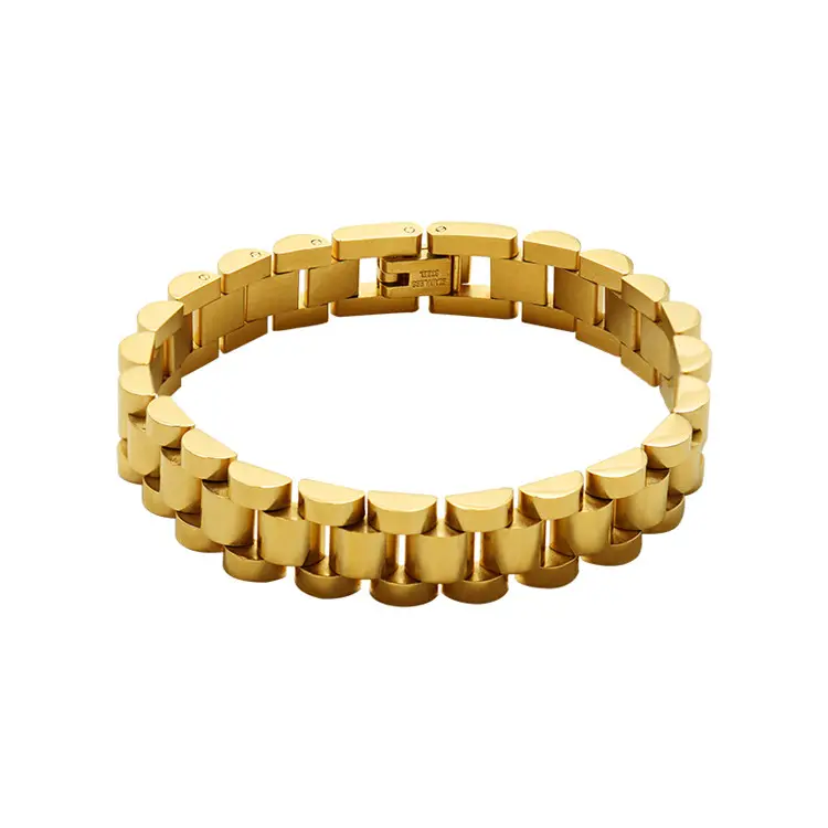 Suministro a granel de fábrica de lujo Hip Hop exagerar acero inoxidable 18K chapado en oro reloj banda encanto joyero pulsera para Mujeres Hombres