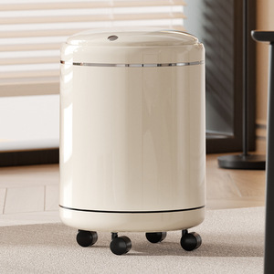 Cylindrical Trash Can With Lid And Wheels Creamy White Indoor Waste Bin For Living Room Kitchen Bathroom Bedroom - Product Image 5