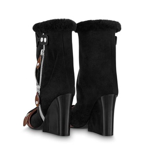 Winter Fur Top Block Heel Square Toe Women Ankle <b>Boots</b> Side Zipper Mixed Color Belt Buckle Short Booties Ladies Flock Shoes - Product Image 4