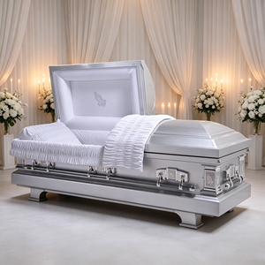 Cofano Funebre in Metallo Argentato con Interni Bianchi e Ricamo Angelo, Stile Americano, in Acciaio Inossidabile per <span class=keywords><strong>Onoranze</strong></span> <span class=keywords><strong>Funebri</strong></span> - Product Image 2