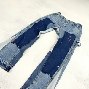 Individuelle Streetwear Graffiti Malerei Denim-Hose Vintage amerikanischer Punk-Stil beschichtete gestapelte Jeans Herren ausgestellte Hosen Jeans für Herren