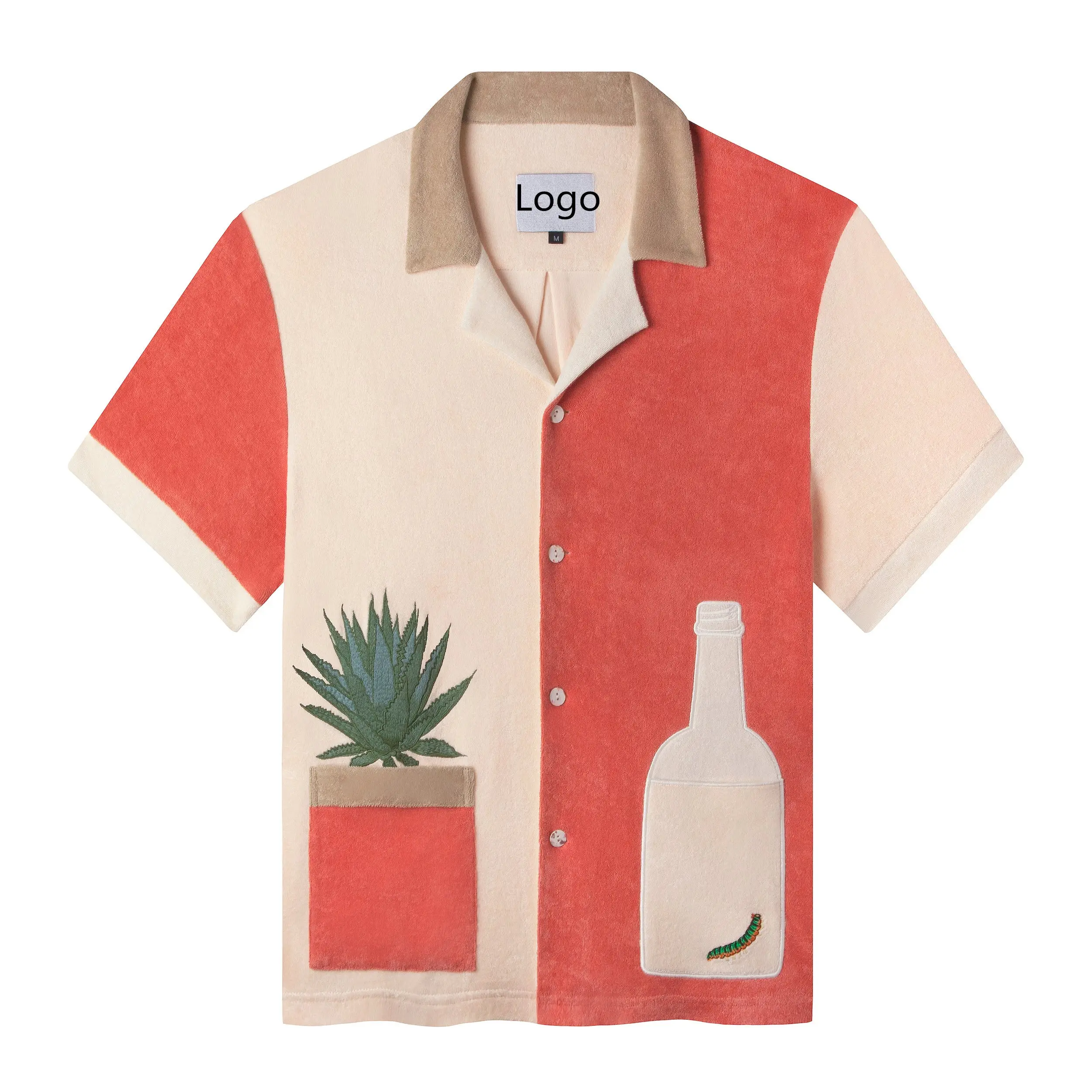 2022 New Design Men Custom Pattern Shell Button Colorblock Terry Towelling Beach Shirt